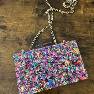 Multicolor Glitter Clutch with Gold Chain